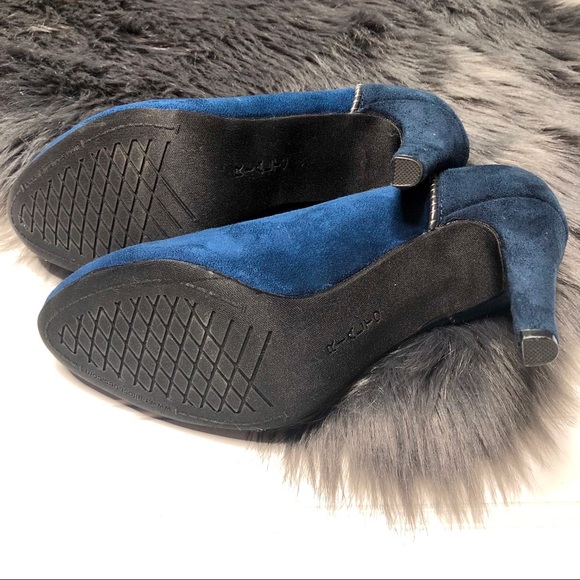 Blue Suede Gray Patchwork Round Toe Heels